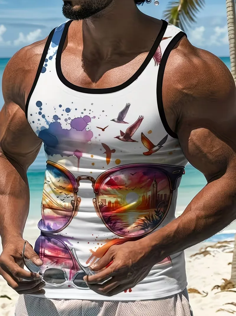 

Fashion men's Colored lenses and bird print tank top summer casual round neck short sleeved quick drying comfortable men's vest