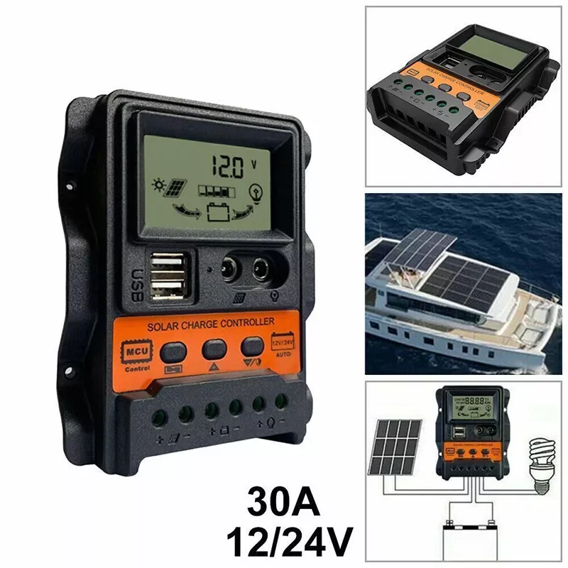 

12V/24V Solar Panel 30A Battery Charge Controller LCD Regulator Dual USB PWM Battery Charging Units Electronics Car Accessories