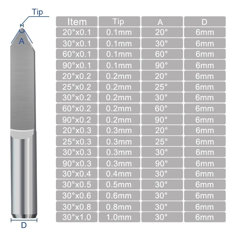 1pc 6mm haste v forma gravura bit ponta inferior plana 0.1-1.0mm pcb gravura bit 20-90 graus carboneto cnc roteador fresa