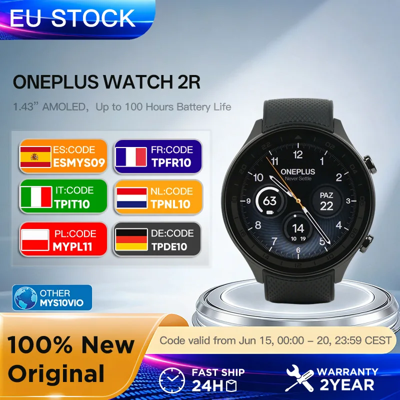Montre connectée OnePlus Watch 2R, écran AMOLED 1,43'', Snapdragon W5 Gen 1+ ​ BES2700 Autonomie de la batterie de 100 heures WiFi Wear OS par Google GPS 2024