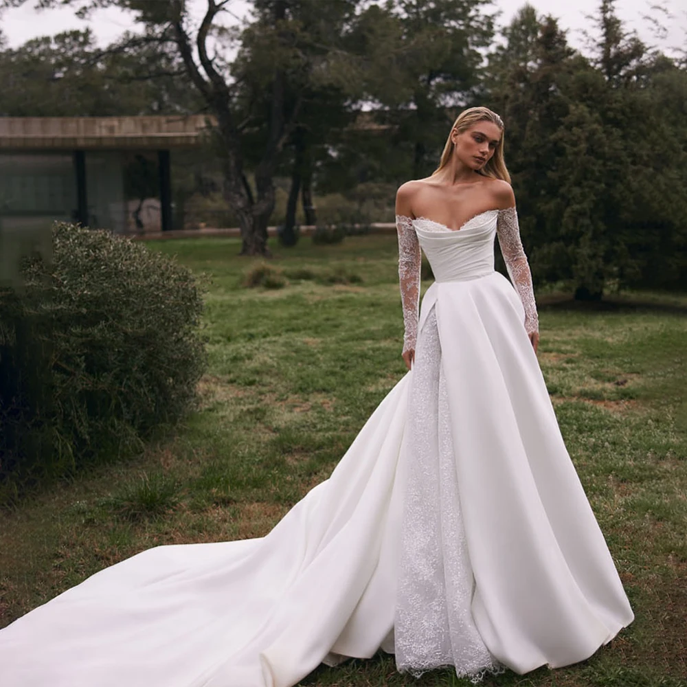 

Белые свадебные платья с открытыми плечами, трапециевидные платья с высоким разрезом и кружевным свадебным платьем для свадьбы, платья невесты с кружевными рукавами по индивидуальному заказу