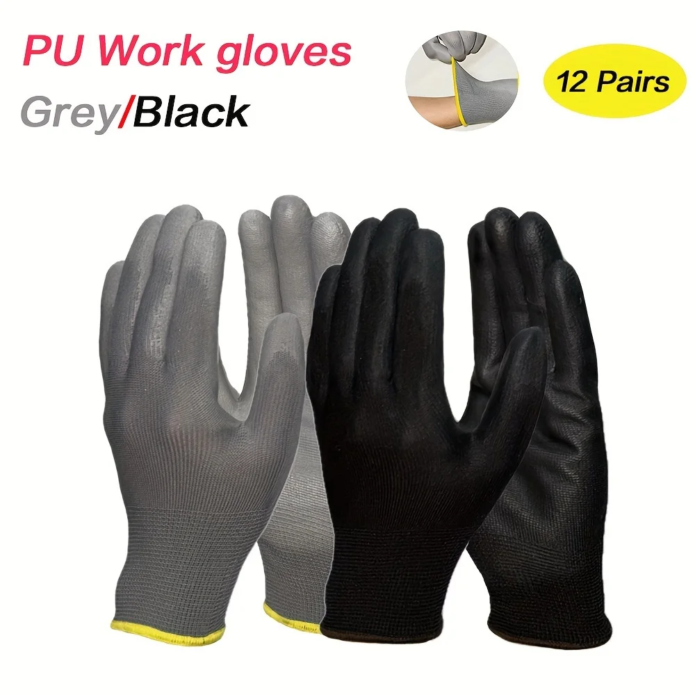 

Черные/серые 12-парные защитные рабочие перчатки с полиуретановым покрытием, антистатические, с гладкой ручкой и полиуретановым покрытием, идеально подходят для работы общего назначения