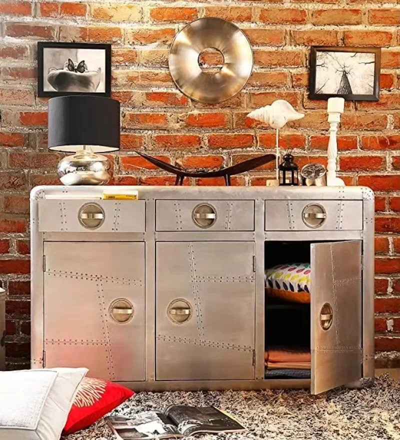Vintage Industrial Loft Style Console Table Cabinet with Vintage Home Living Room Chairs