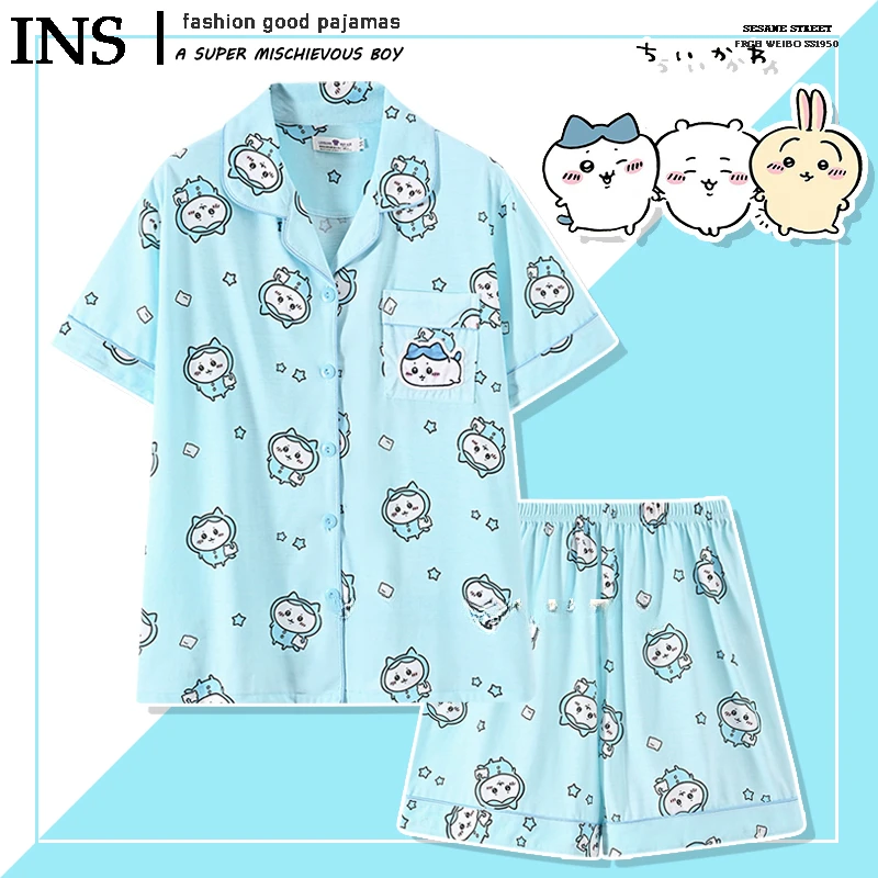 

Anime Cartoon Chiikawa Pure Cotton Pajamas Summer Short Sleeved Pajama Sets for Women's Cute Printed Home Clothing Casual Wear