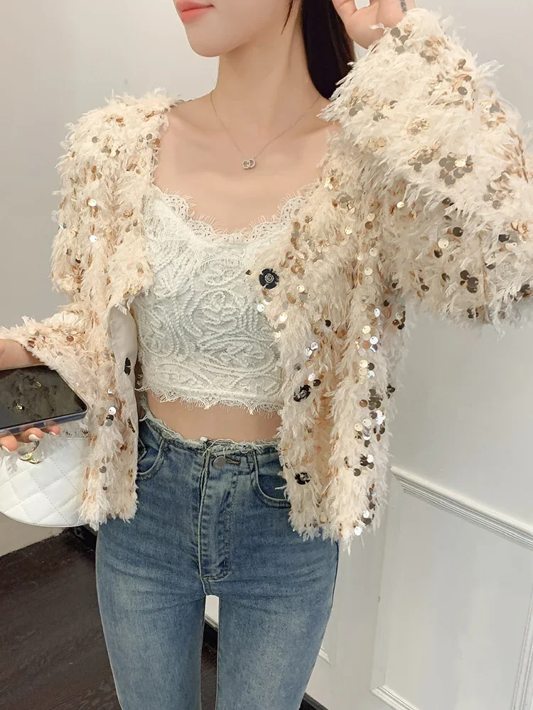 Pink Sequins Jacket Women 2023 Fashion Elegant V Neck Long Sleeve Feathers Coats Autumn Winter New Single Breasted Coat