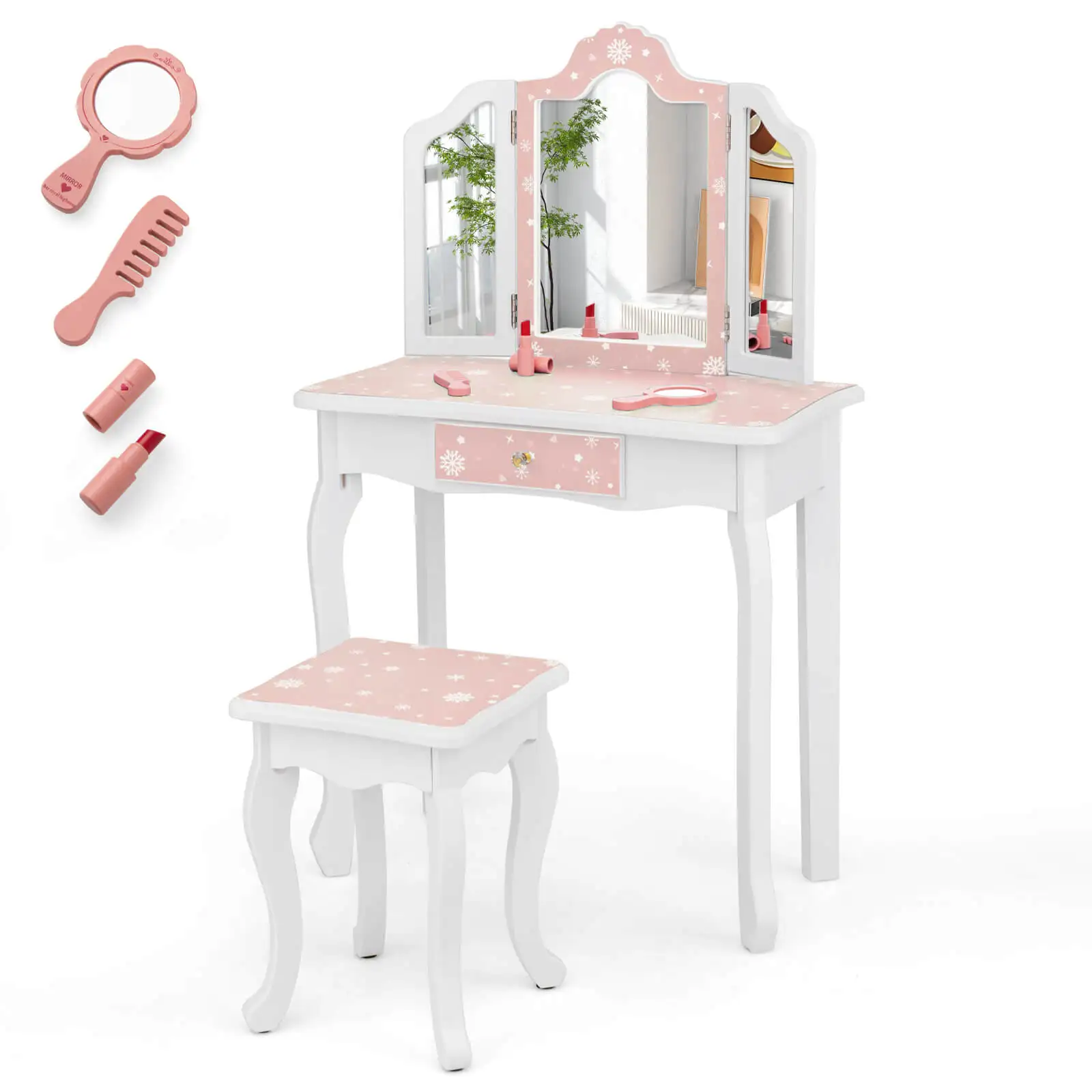 

Kids Vanity Set Toddler Makeup Table & Stool w/ Tri-folding Mirror Drawer