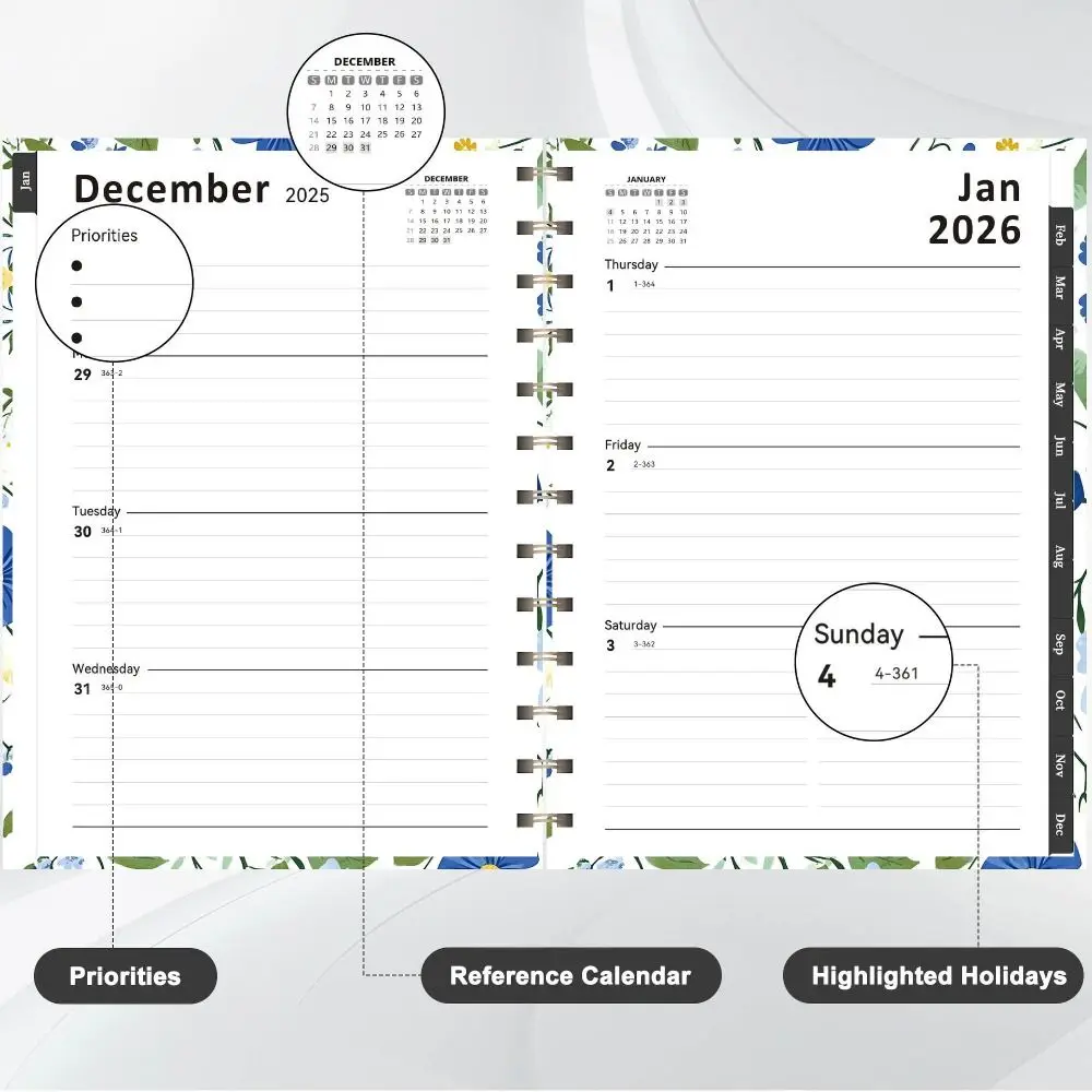 Indice Tag 2026 Planner Notebook Rilegatura a spirale Design semplice Piano giornaliero Programma Orologio nella funzione Notebook a spirale formato A5