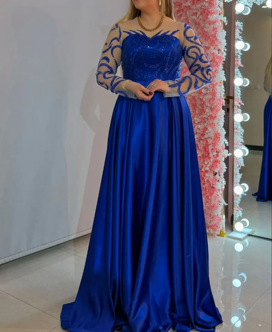 

A-line Illusion 2025 Long sleeves Royal Blue Strapless Satin Prom Dress Elegant Evening Dress New Formal Party Dress Custom