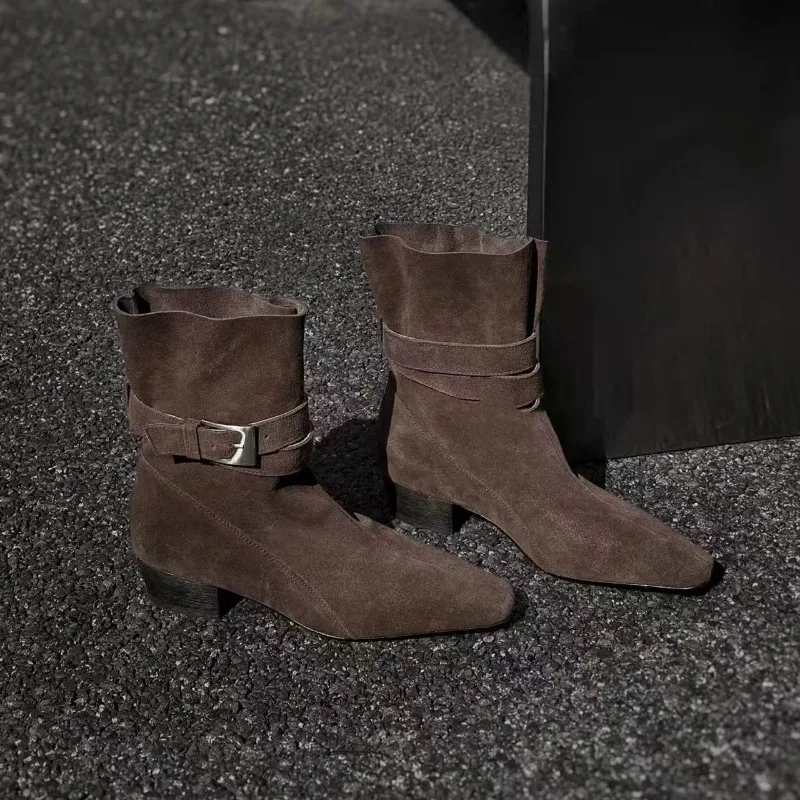 

Spring and Autumn Square Toe Suede Sleeve Metal Belt Buckle Soft Slip Anti-wear Low Heel Booties