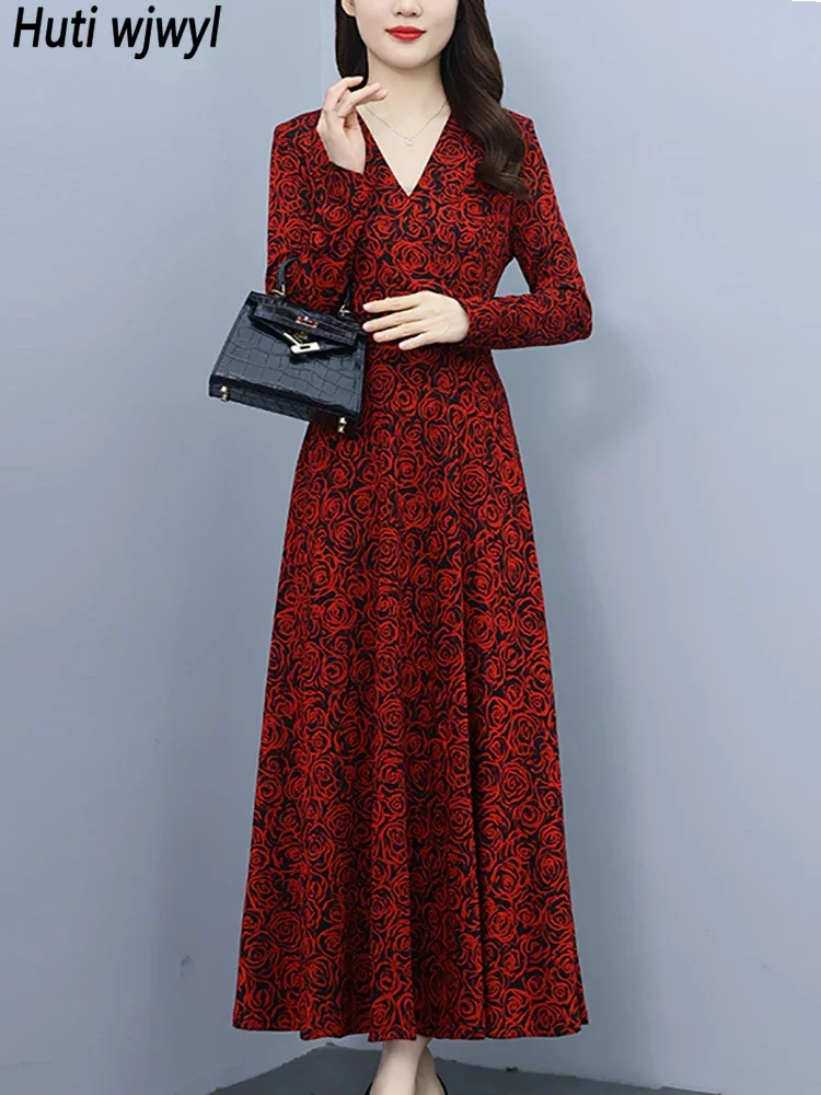 Vintage Red Floral Long Sleeve Elegant Dress Autumn Winter Fashion Bodycon Party Clothes 2024 Korean Luxury Evening Long Vestido