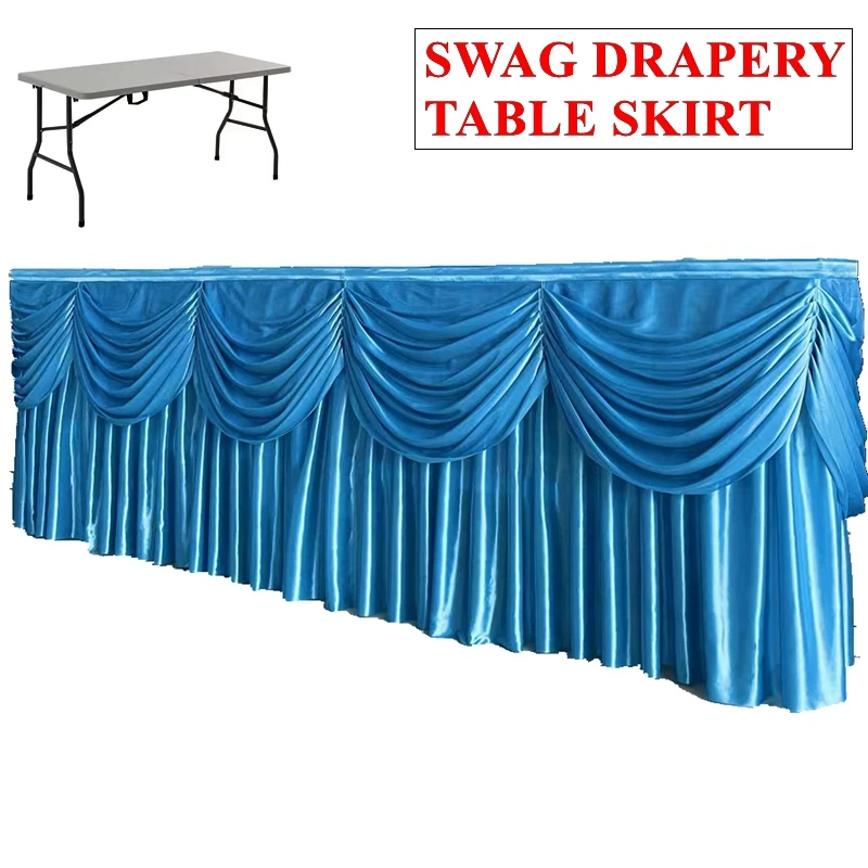 

Turquoise Color Swag Drapery Ice Silk Table Skirt Banquet Wedding Tablecloth Skirting For Event Party Decoration