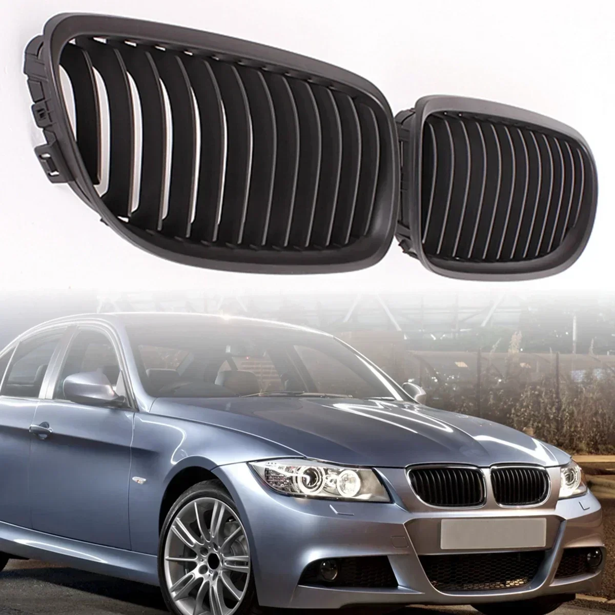 A Pair Matte Black / Glossy Black Car Front Kidney Grille Grill For BMW E90 LCI 3-Series Sedan/Wagon 2009-2011 Racing Grills