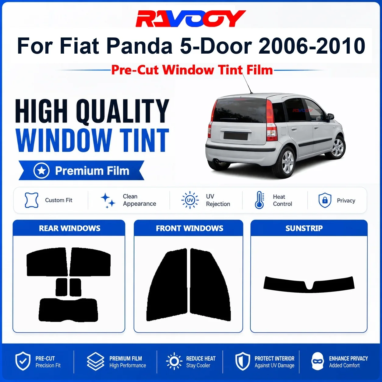 Pellicola Oscurante Premium Pretagliata per Finestrini Fiat Panda 5 Porte 2006-2010, Protezione UV e Privacy per Finestrini Anteriori e Posteriori
