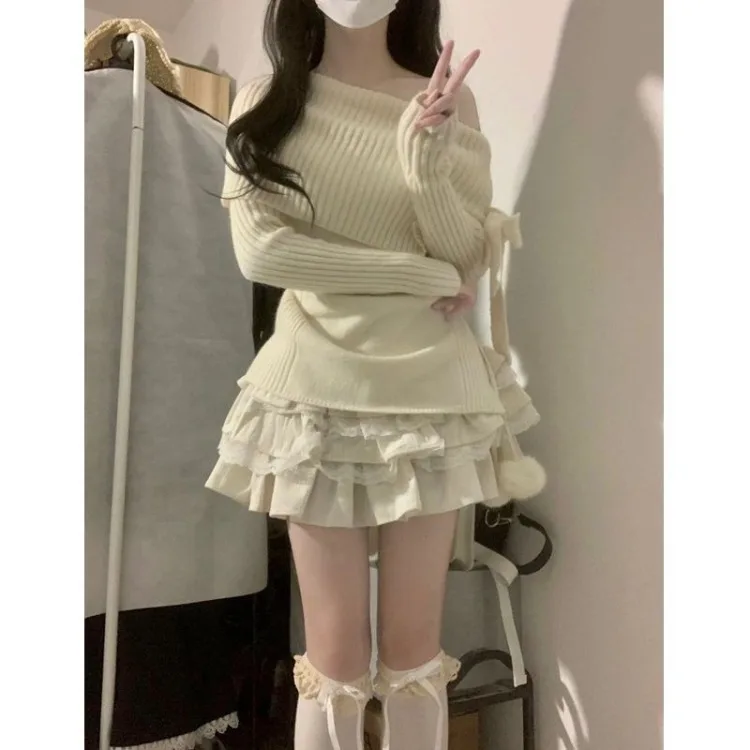 Spring Autumn New Slash Neck Slim Fit Knitted Tops Women+ Y2k High Waist Lace Ruched Cake Skirts All-match Two Piece Sets