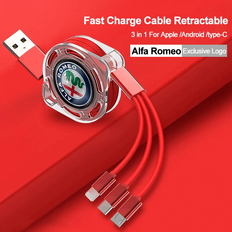 3 In 1 Retractable Data Cable USB Type-C Car Charger Head Auto Accessories For Alfa Romeo 4C 159 166 Giulia Giulietta 156 147 GT