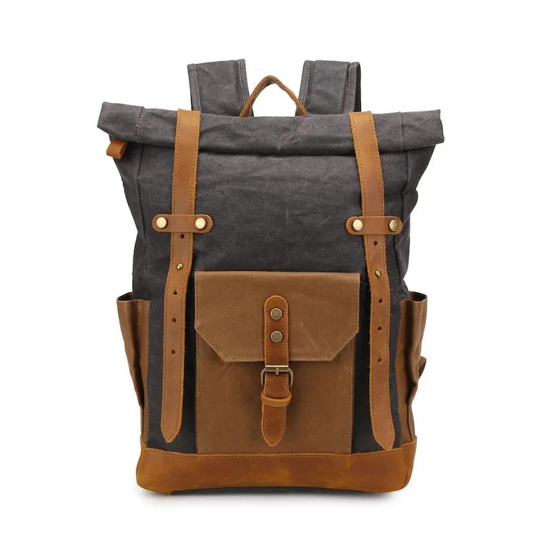 

Vintage Leather And Wax Canvas Clash Color Backpack Waterproof 13inch Computer Large Capacity Bag Outdoor Travel Camping Mochila