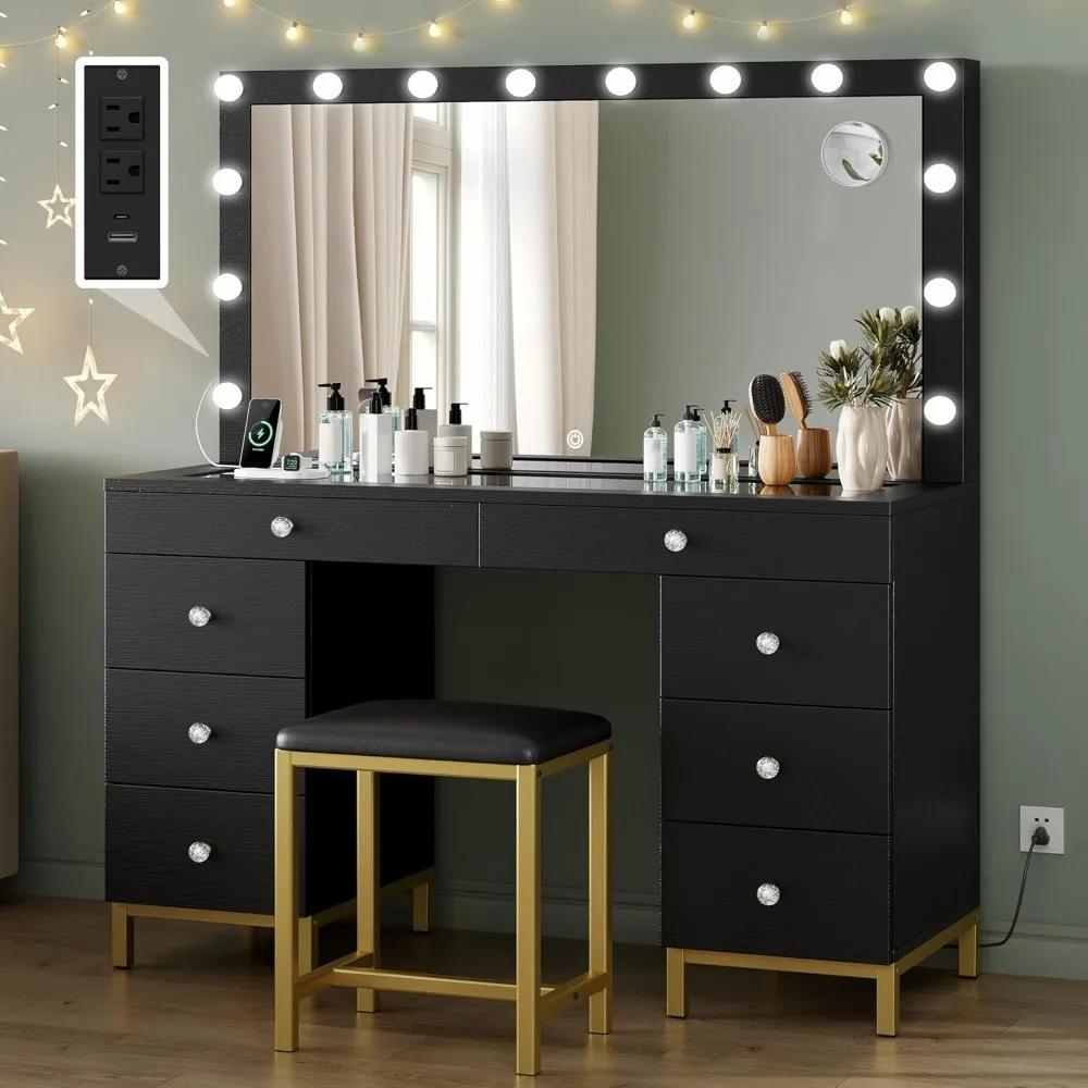 

A Large Dressing Table with A Mirror and Light, Power Socket, 8-drawer Dressing Table, and 3 Adjustable Lighting Modes