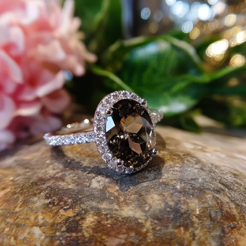 SGARIT 925 فضة سموكي كوارتز خاتم 7x9 مللي متر البيضاوي الشاي الطبيعي كريستال المرأة مجوهرات الأزياء الأنيقة #3