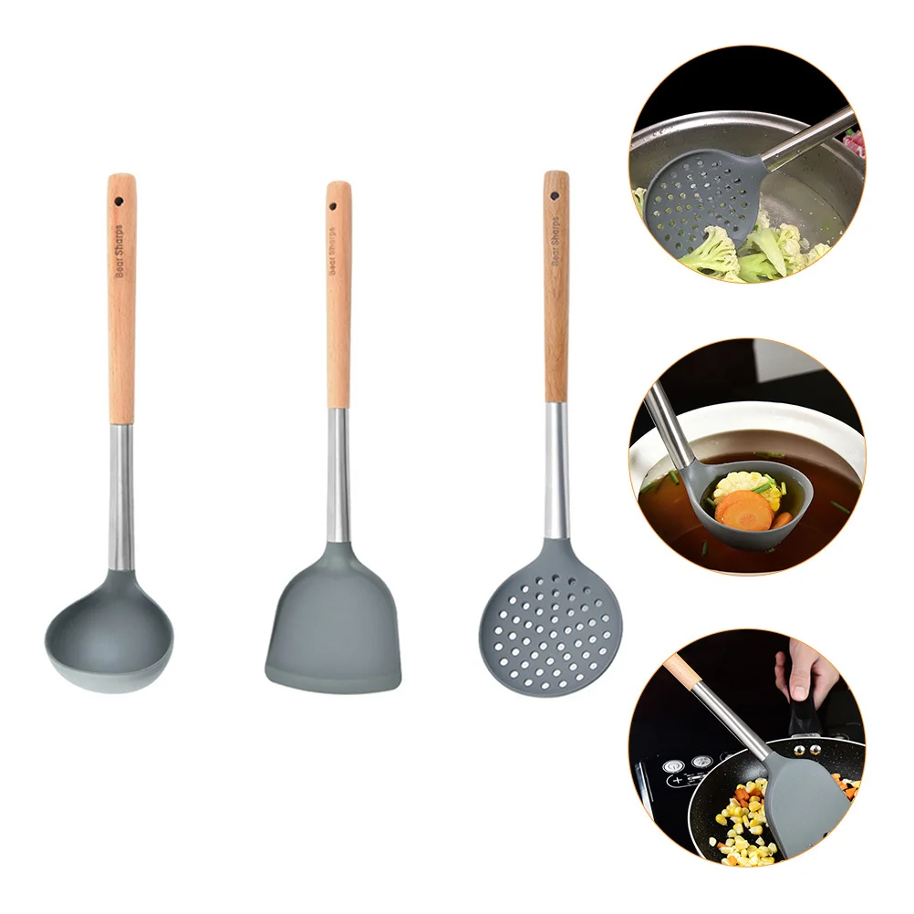Kitchen Utensil Set Silicone and Wood Cooking Utensils Heat Resistant Storage Hanging Hole Kitchen Gadget for Home Cooking