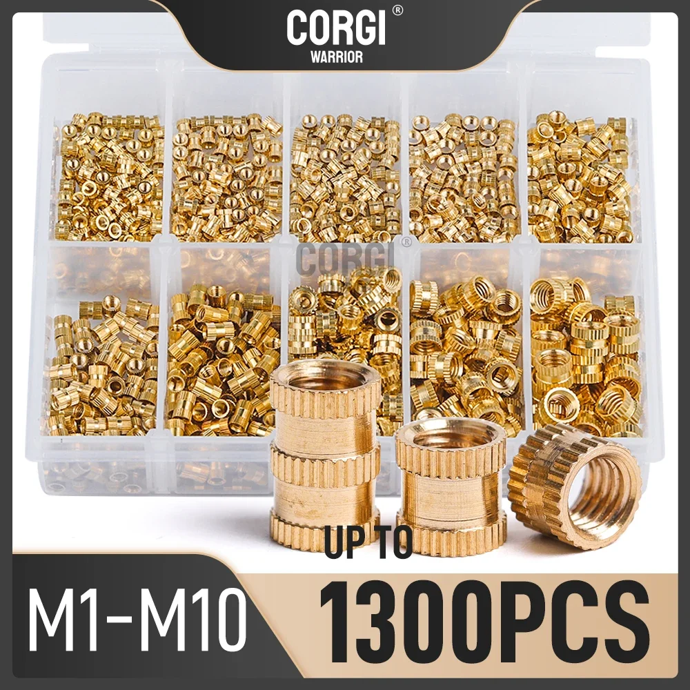 Up to 1300 Threaded Heat Brass Inserts Nut Kit M1 M1.2 M1.4 M1.6 M1.7 M2 M2.5 M3 M4 M5 M6 M8 M10 Knurled Insert Nuts for Plastic