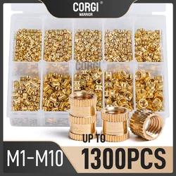 Up to 1300 Threaded Heat Brass Inserts Nut Kit M1 M1.2 M1.4 M1.6 M1.7 M2 M2.5 M3 M4 M5 M6 M8 M10 Knurled Insert Nuts for Plastic