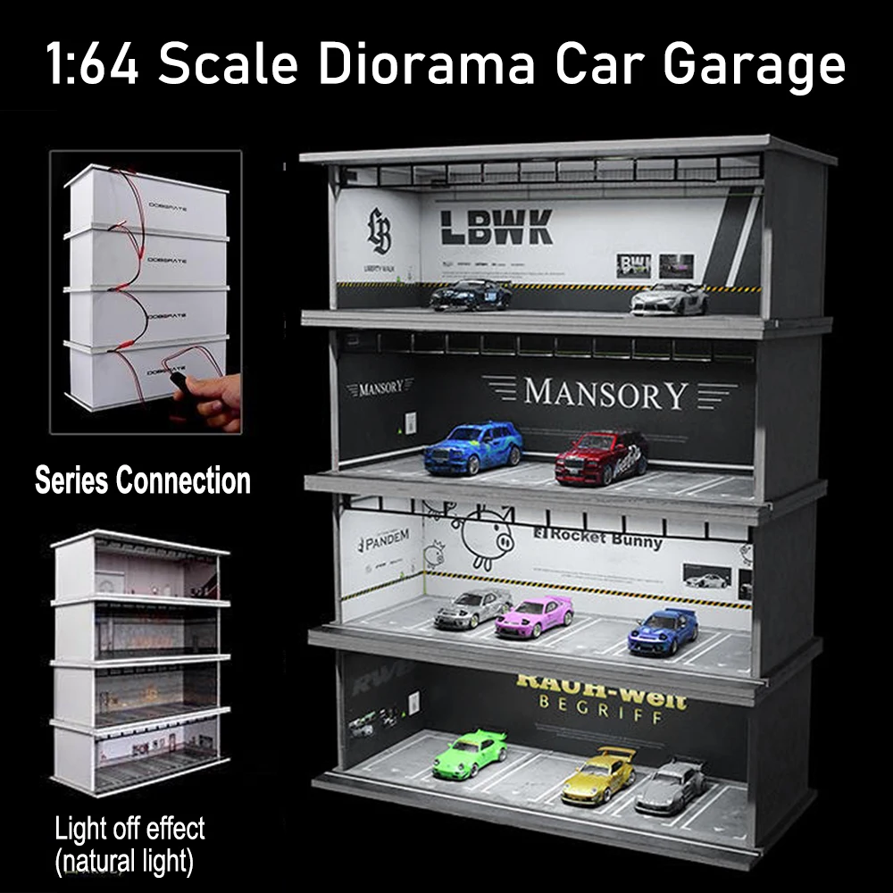 1:64 Scale Diorama Parking Lot Model Assemble LED Lighting Car Car Garage Backdrop Display Scene Model Toy Collection Gift