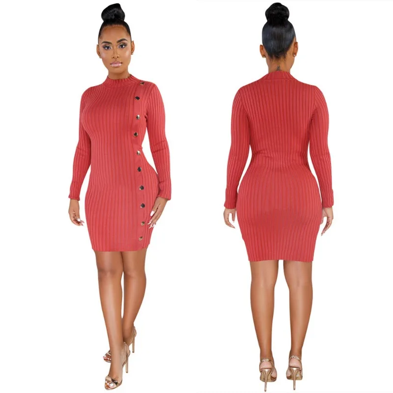 New Fashionable Pure Color Women With Thin Single-breasted Asymmetrical Hem Knit Dress Autumn And Winter Collection