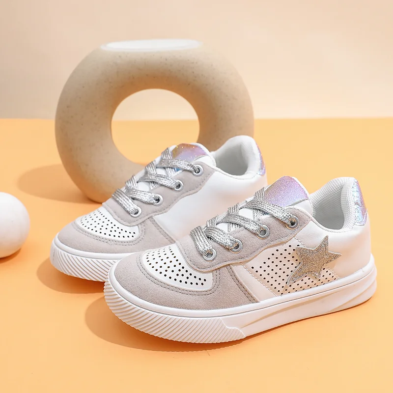

Breathable Kids' Skate Shoes - Star Mesh White Sneakers for School | Non-Slip Comfy Unisex Flats