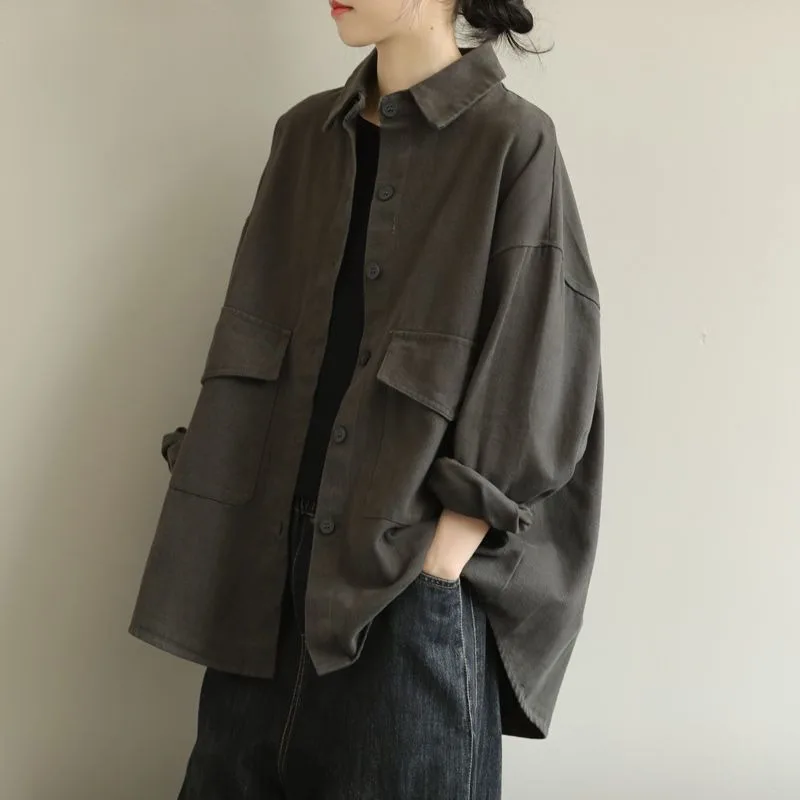 Women Plus Size Vintage Casual Shirt Autumn Long Sleeve Loose Pocket Blouse Versatile Outerwear Tops