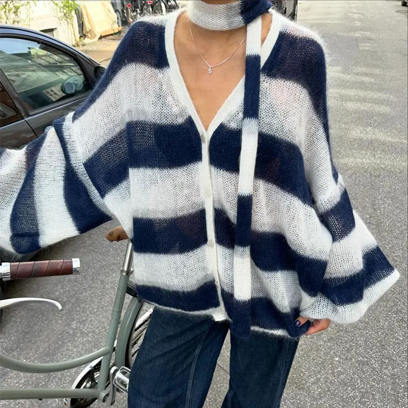 Contrast Striped Knitted Cardigan For Women V Neck Lantern Sleeve Sweater Loose Casual Sweater Coat 2024 Autumn Lady Outerwear