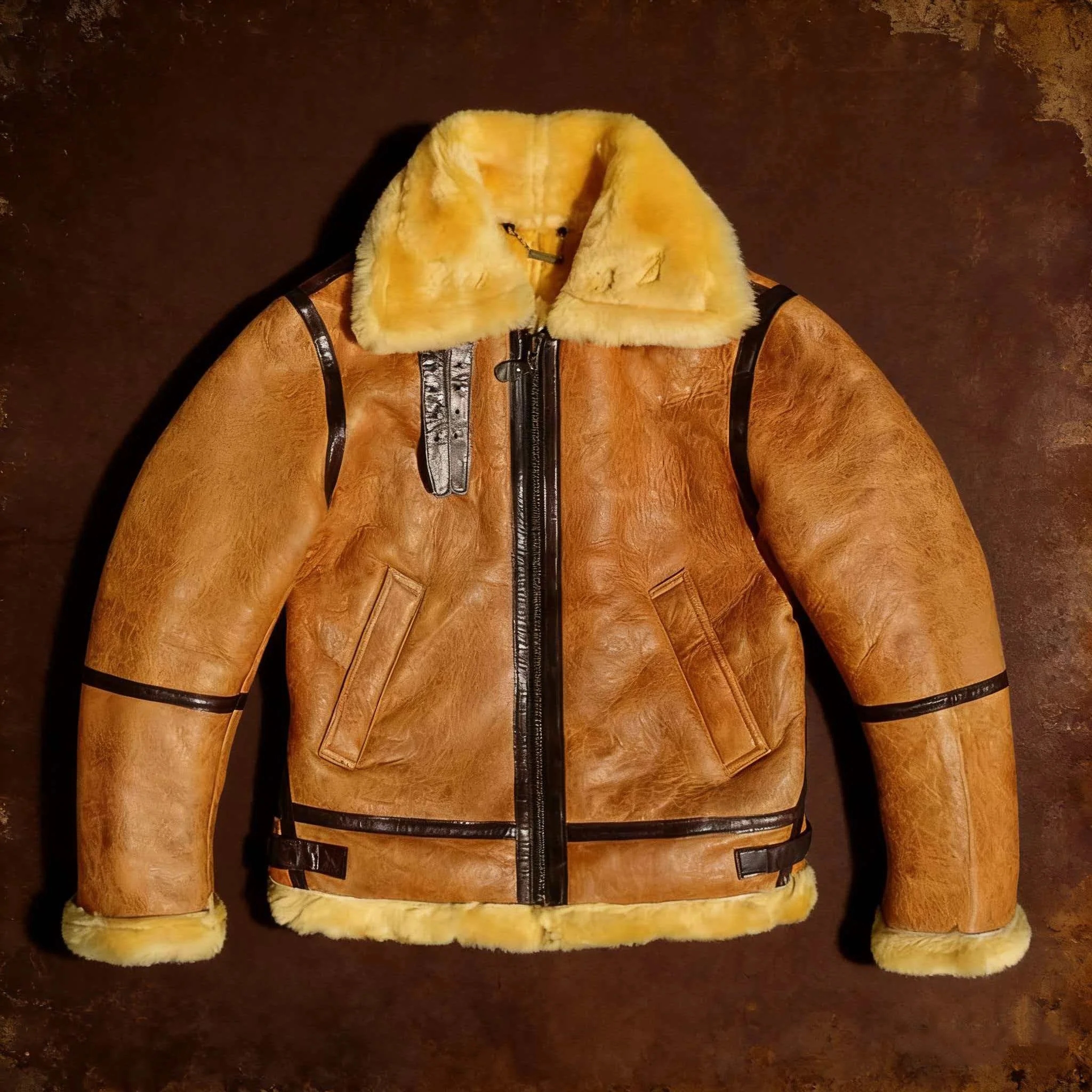 Orange Winter Shearling Jacket Men Vintage Style Plus Size 5XL Genuine Natural Thick Sheepskin Warm Military Bomber Flight Coat