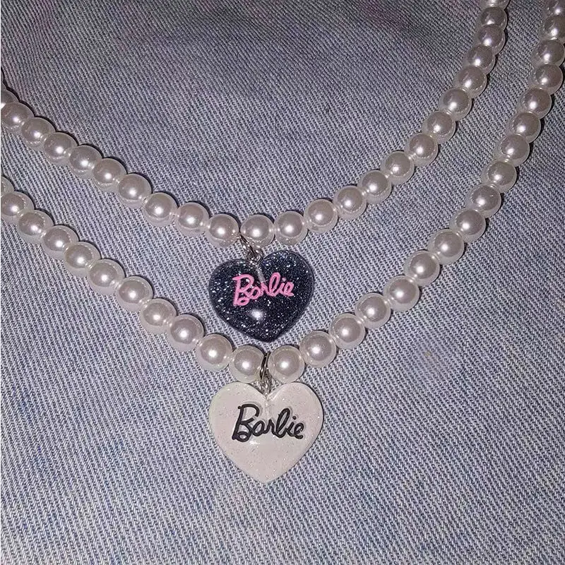 Barbie Necklace Collar Chain Anime Y2K Spicy Girl Imitate Pearl Love Necklace Cartoon Kawaii Fashion Jewelry Gift Couple Chain