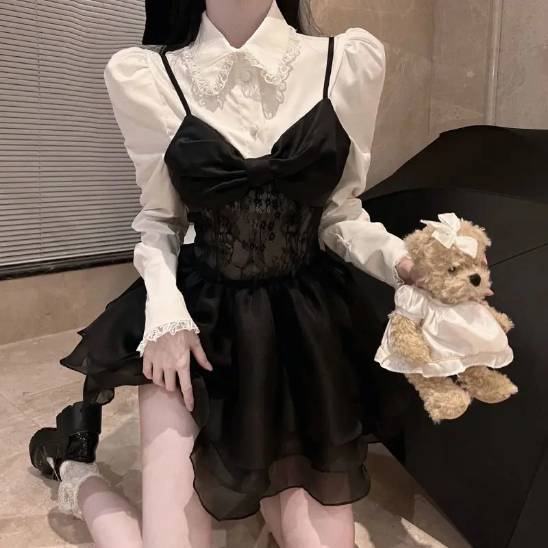 

Женские комплекты в готическом стиле с шикарным бантом, кружевное мини-бальное платье, нежное платье в стиле Y2k, летние эстетические рубашки для отдыха, индивидуальные OOTD