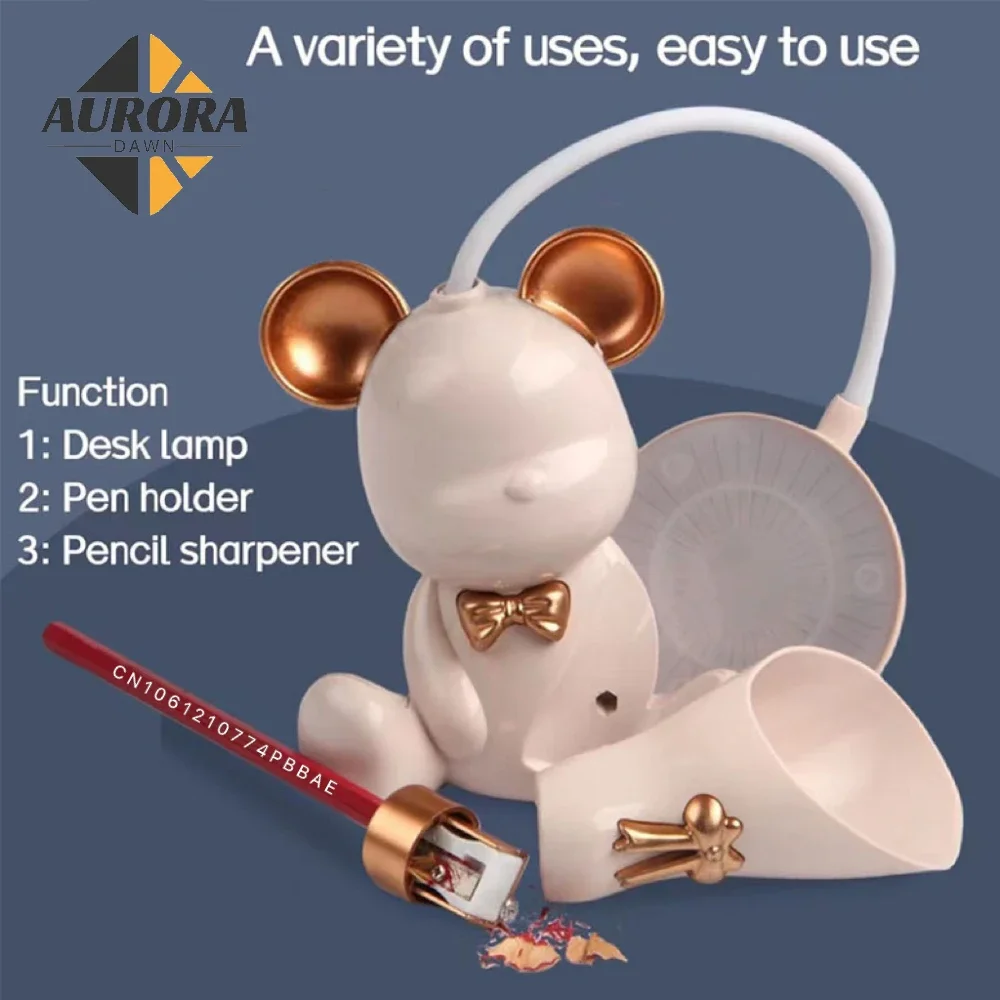 Bear Lamp LED Night Light, USB Recarregável, Proteção para os olhos, Multifuncional Table Desk Lighting with Pen Holder, Aprendizagem, Bonito ABS