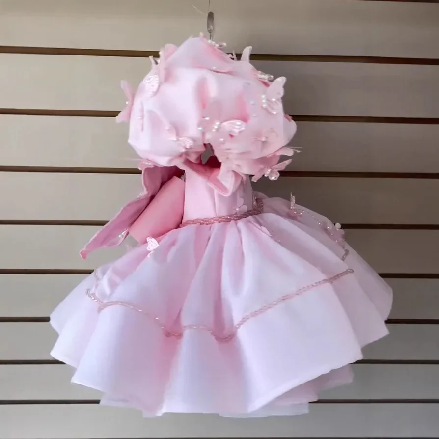 

Custom Flower Girl Dress Wedding Gown Birthday Party Pageant Dress For Toddler Girls With Puff Sleeve 3D Butterfly Applique And