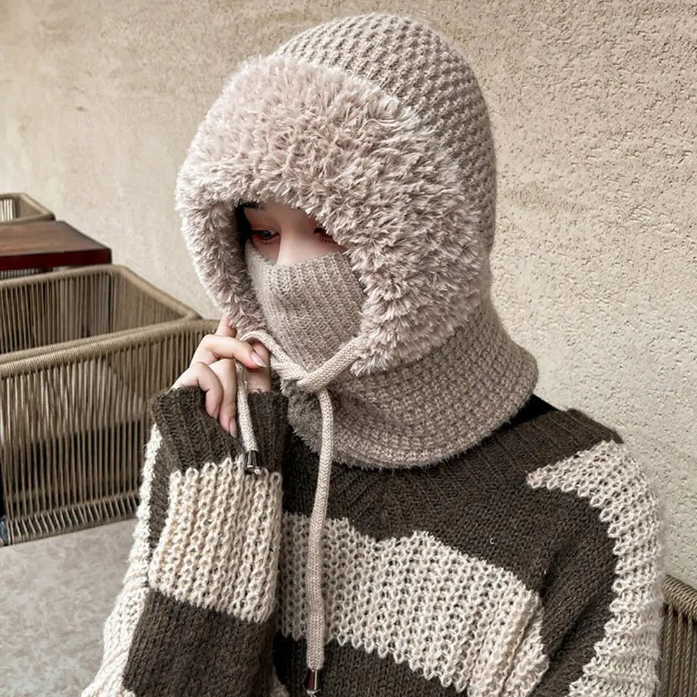 Frauen Winter Samt Gestrickte Woolen Balaclava Hut Gehörschutz flauschigen Hut Maske Hals Integrierte Wärme Abdeckung Hut dame mit kapuze kappe