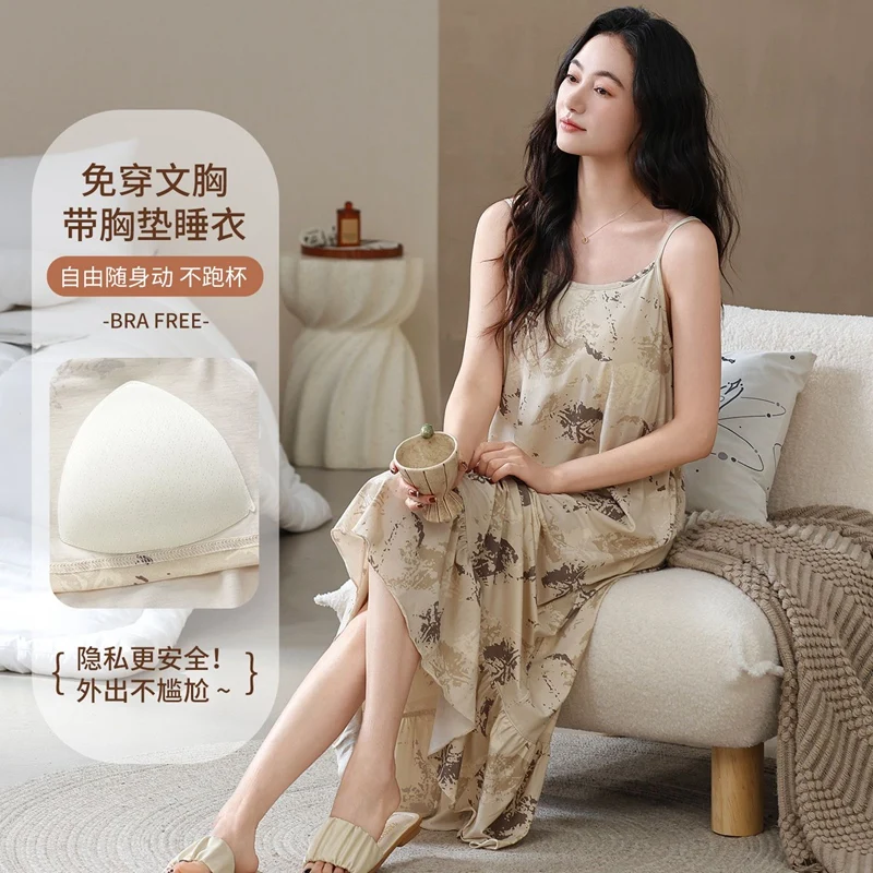 

Летняя сексуальная ночная сорочка на бретельках для женщин, 100% хлопок, с принтом, для сна и дома, 2026