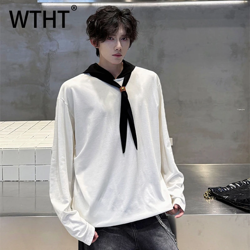 

WTHT Fashion Men's Ribbon Hooded Contrast Color Korean Style T-shirt Trendy Long Sleeve Loose Casual Top Male 2025 Autumn 2A1541