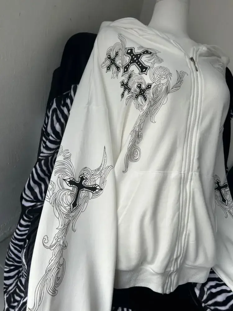 ثقافة فرعية Y2k الألفية خمر بلوزات النساء الأبيض الصليب طباعة مقنعين سترة الخريف عادية القوطية فضفاض زيبرب القمم جديد