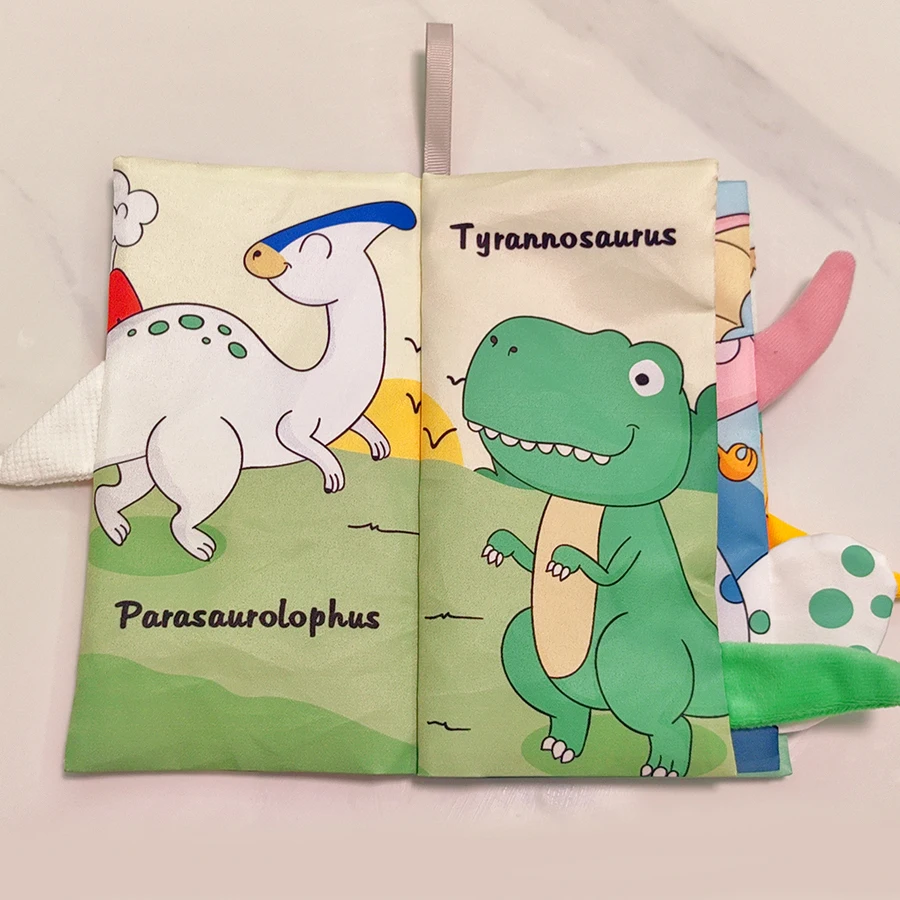 Libro in stoffa con coda di dinosauro per l'educazione precoce del bambino, lavabile, morso, duro a strappo a mano, libro cognitivo, giocattolo puzzle per neonati
