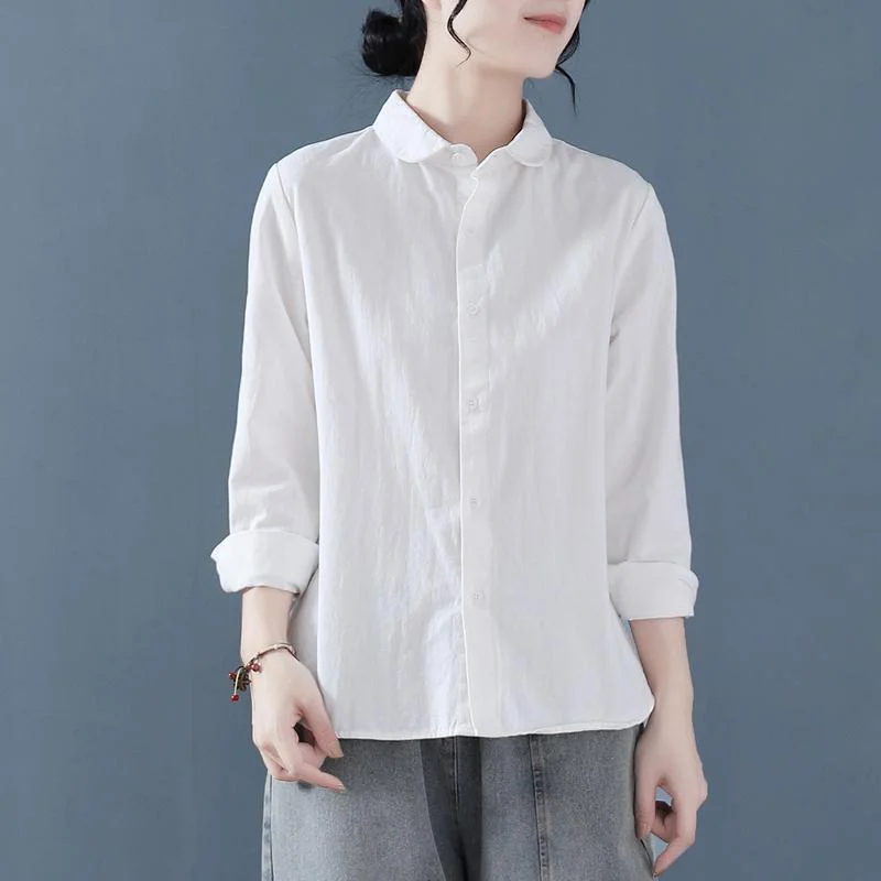 

Retro Japanese Brand Women's Artistic Turn-down Collar Linen Casual Loose Cotton Linen Long Sve irt Autumn Faion