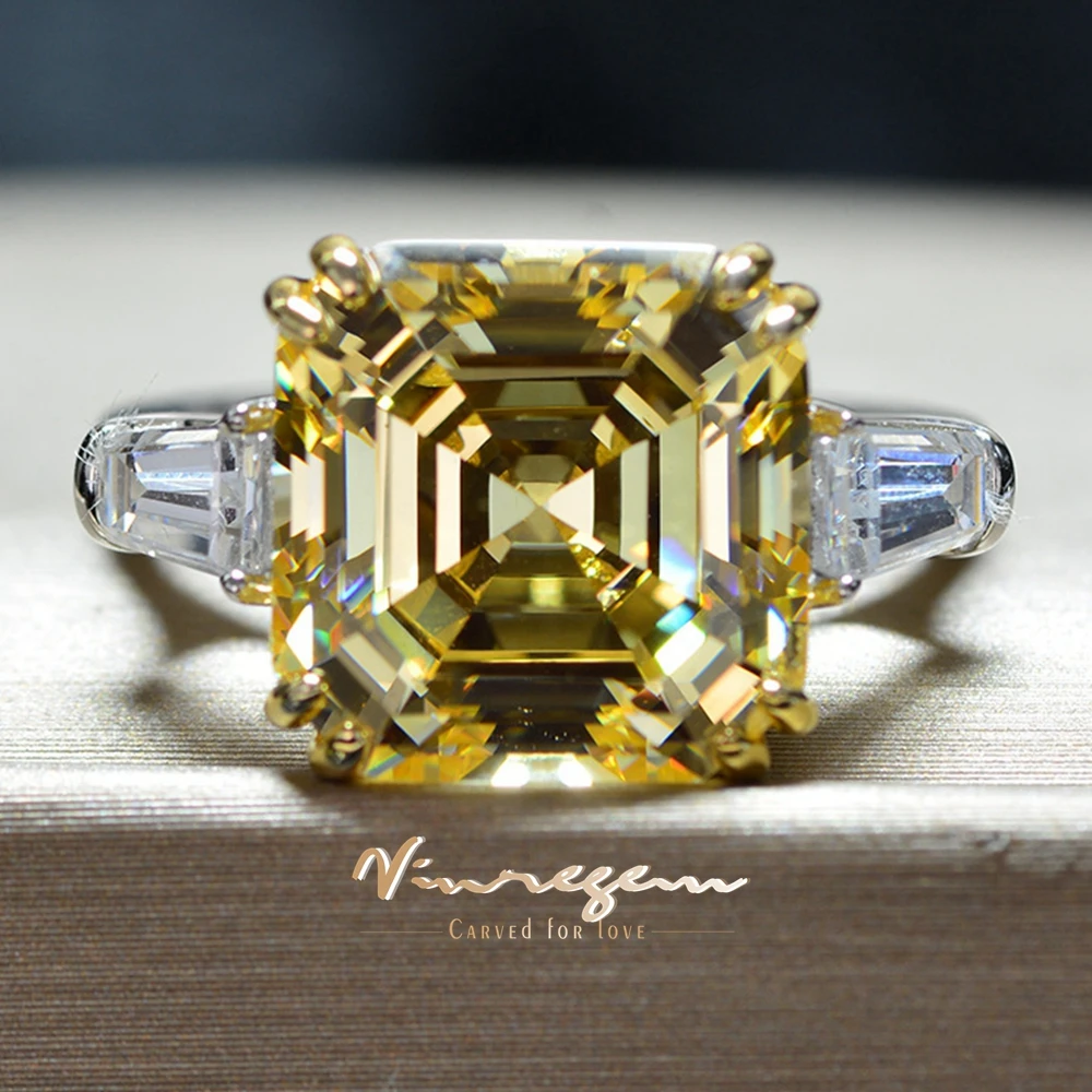 

Vinregem 12 мм Asscher Cut лабораторный сапфир цитрин высокоуглеродистый бриллиант драгоценный камень свадебные кольца из стерлингового серебра 925 пробы ювелирные изделия