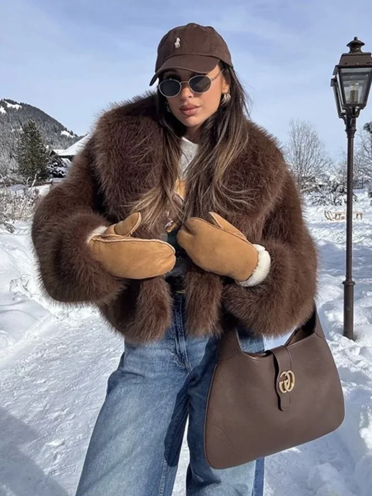 2025 abrigo de piel sintética marrón de alta calidad para mujer, chaqueta de piel sintética esponjosa y holgada con cuello grande, abrigos para mujer, ropa de invierno, abrigo de piel sintética