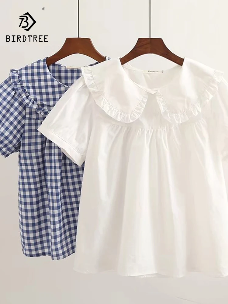 

New 2026 Summer Women Cotton Short Sleeve Shirt, Peter Pan Collar Ruffles, Mori Girl Sweet Age Reduction Loose Blouse T65730CC
