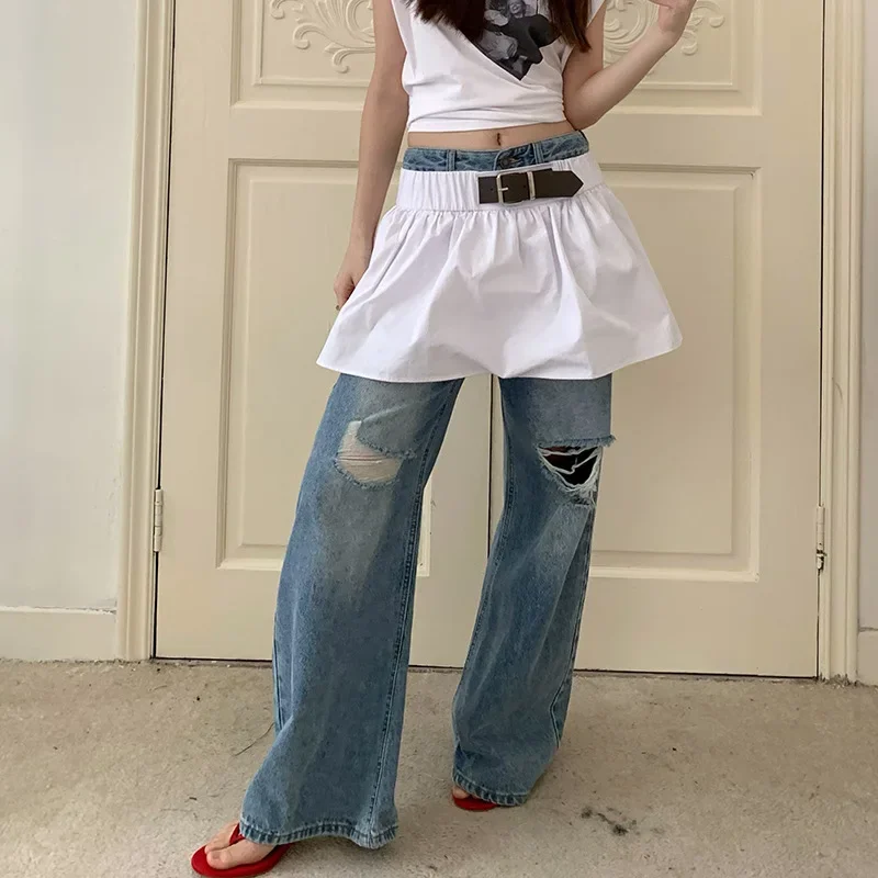 

Distressed Ripped Women Denim Pant Hole Jeans Vintage Denim Full Length Wide Leg Pants Pockets High Street Washed 2025 Loose Fit