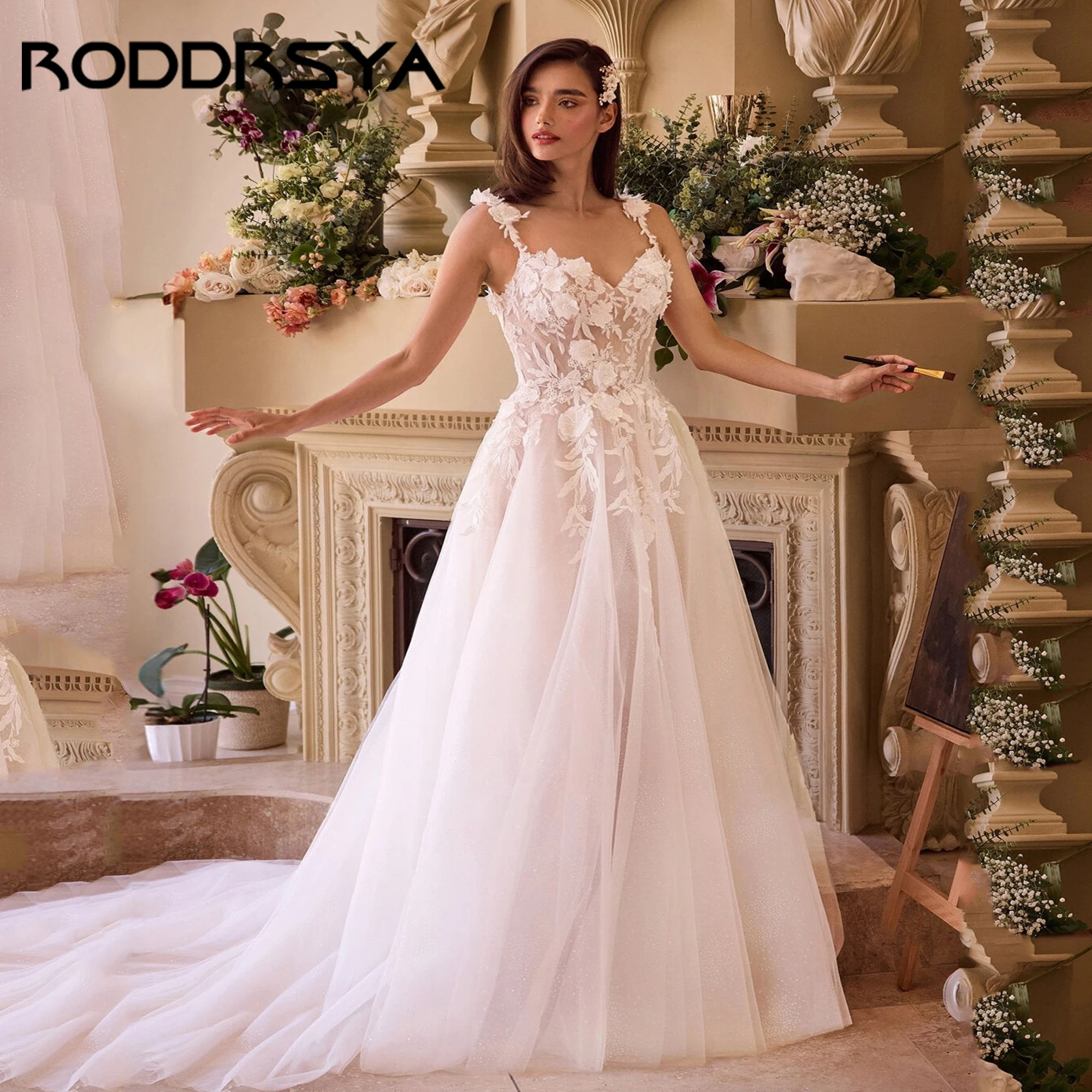 

A-Line Luxury Backless Wedding Dresses Scoop Back Floral Applique A-Line Bridal Dress V-Neck Vestidos De Novia 2025 Customized