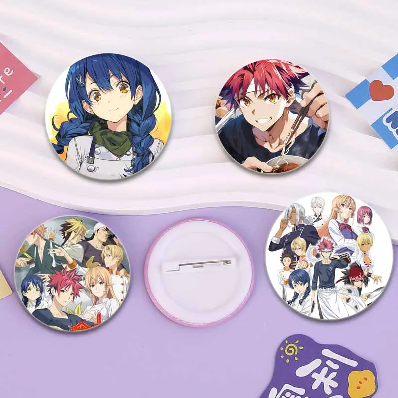 Food Wars! Shokugeki No Soma Cartoon Tinplate Pins Round Snap-in Brooches for Backpack Accessories Anime Collection Badge Gift