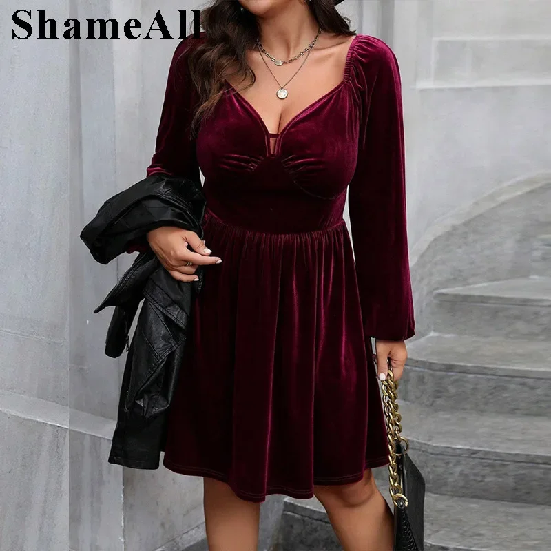 

Women's Plus Size Sexy V-neck Lantern Sleeve Velvet Dress Long Sleeve Sexy Short EveningParty Dress