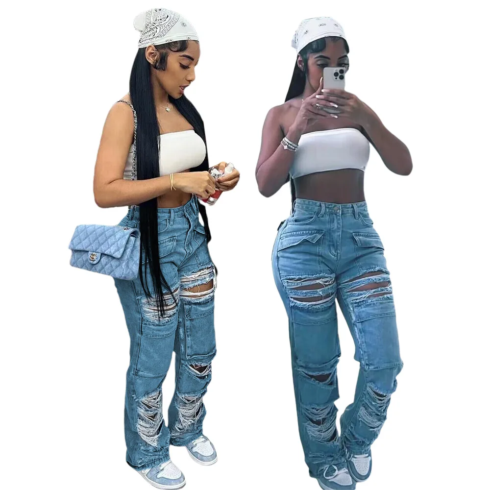 Ripped Jeans for Women, Casual Denim Trousers, Overalls, Slouchy Blue Jeans, Print Ripped Jeans