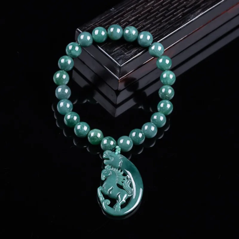 Bracelet en jadeite naturelle bleu eau avec perles signe du zodiaque Cheval, tricoté à la main, bijoux de luxe, bijoux fantaisie, breloques, certificat cadeau